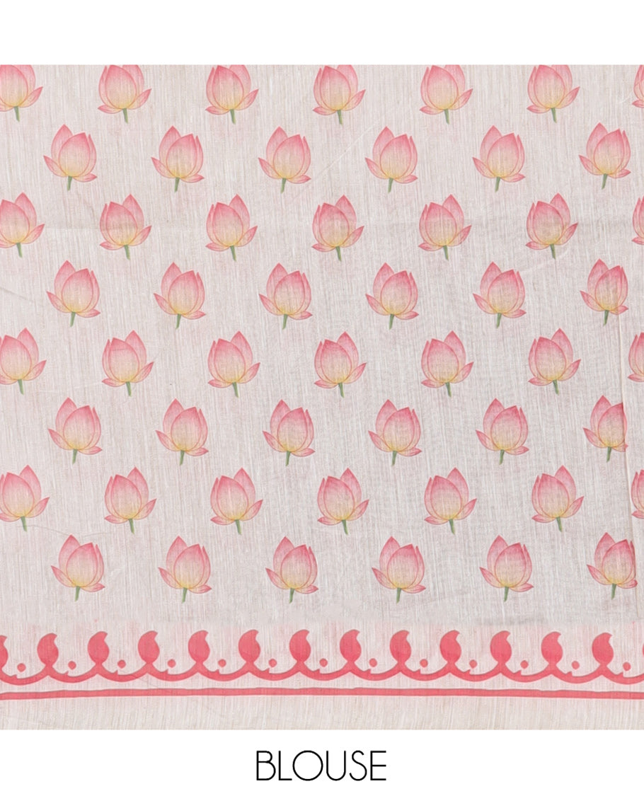 Chikku Jute Cotton Saree, a Subtle Paisley Printed Border, Pichwai Lotus Printed Pallu, and a Matching Blouse