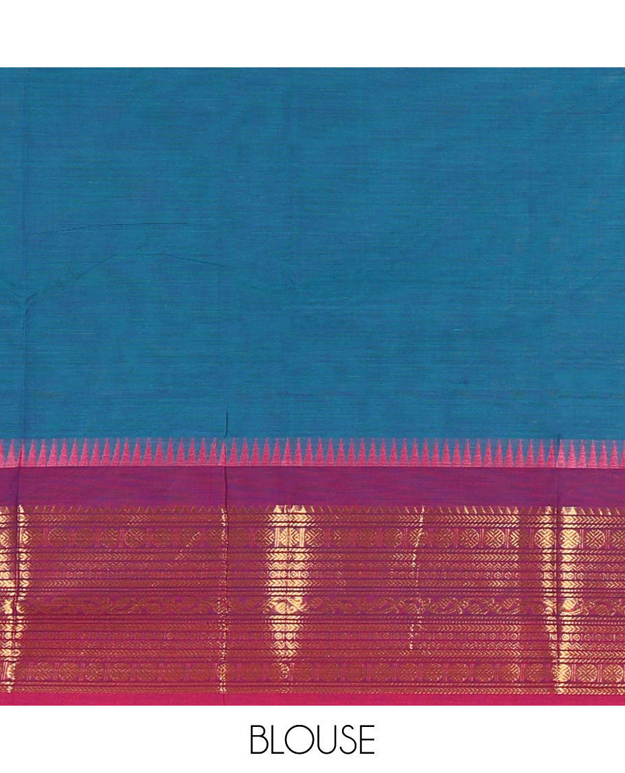 Blue Plain Chettinad Cotton Saree, Complemented by a Contrast Traditional Zari Design Woven Border of Rudraksham Designs, Subtly Striped Pallu, and Paired with a Matching Blouse