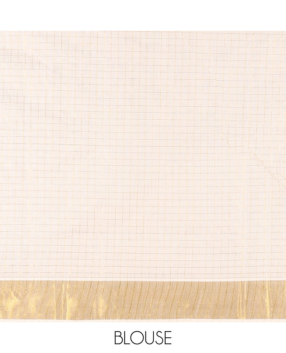 Off-White Kerala Cotton Saree, Adorned with Medium-Size Checked and Hibiscus Floral Motifs All Over Its Body, Highlighted by Zari Border, Self-Pallu, and Paired with a Matching Blouse