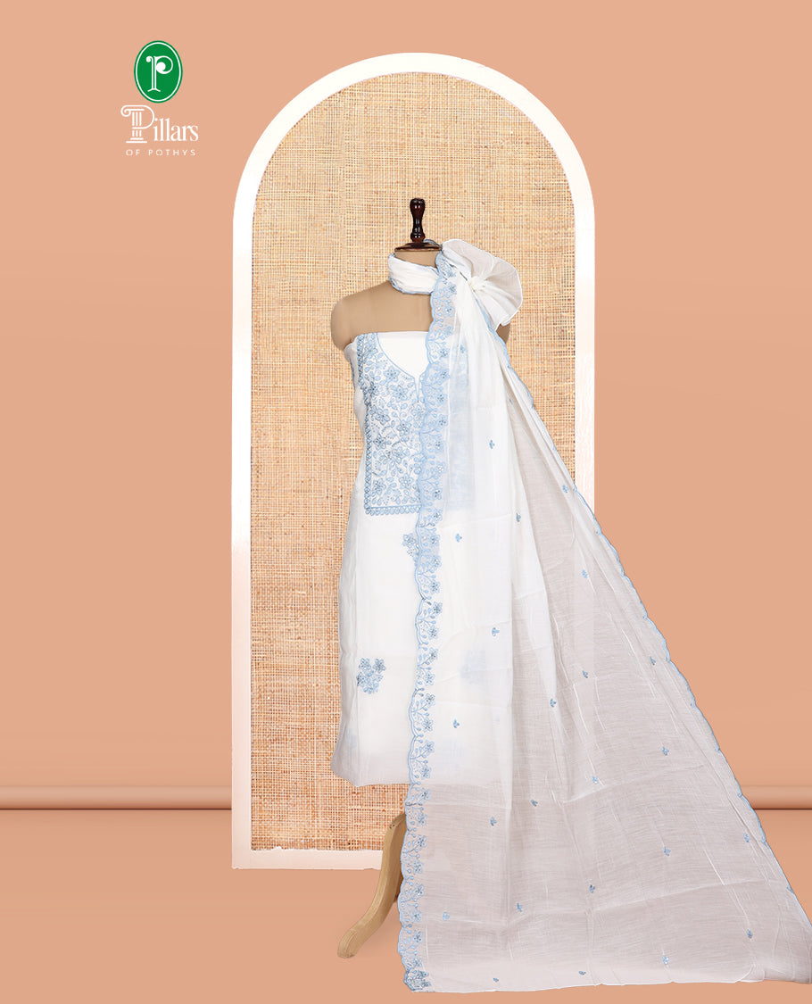 White Mul Chanderi Material Churidar, Floral Embroidered Top, a Plain Bottom, a Floral Embroidered Scallop Dupatta