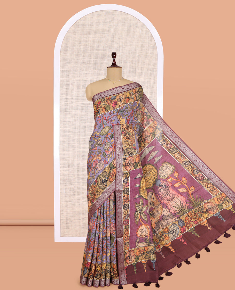 Lavender Kalamkari Printed Fancy Tussar Saree