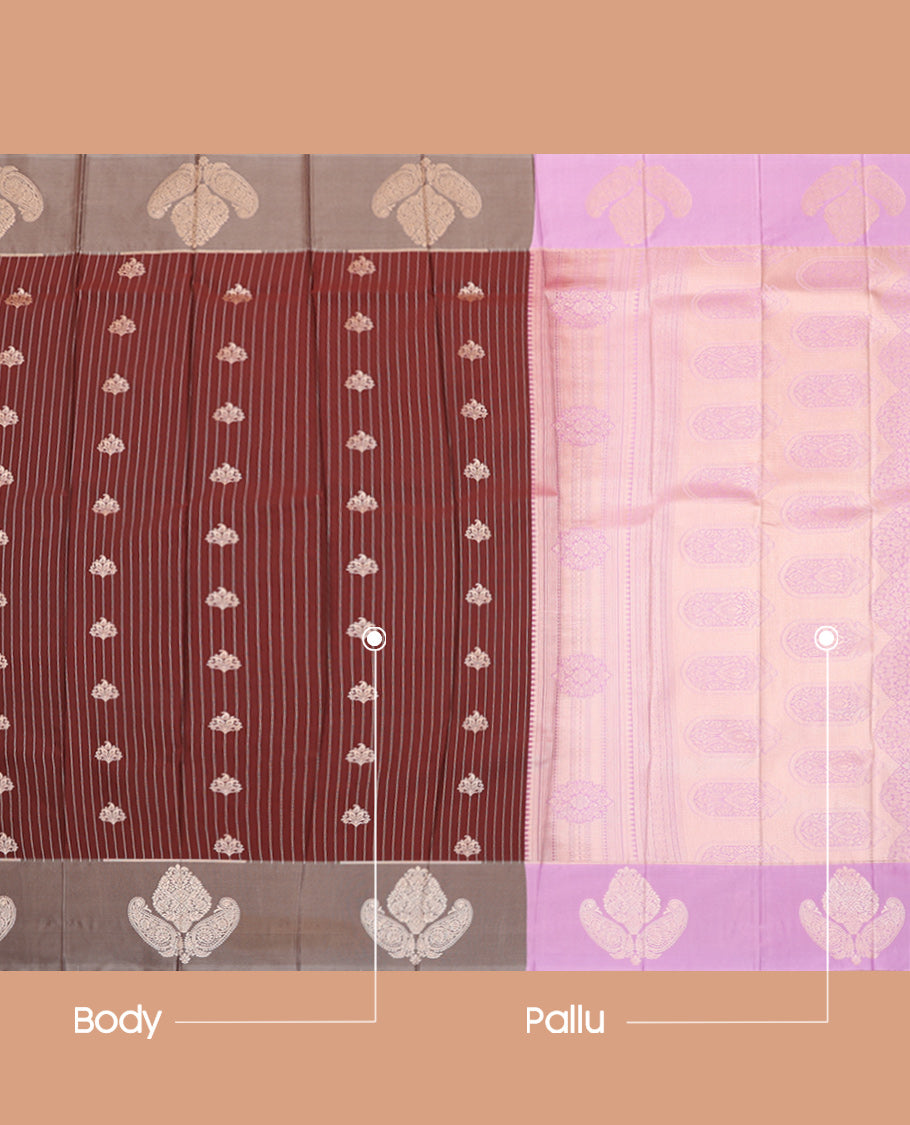 Maroon Budget Silk Saree, Adorned with Stripes and Buttas, Complemented by Contrast Zari Motif Border, a Grand Pallu and a Contrast Blouse