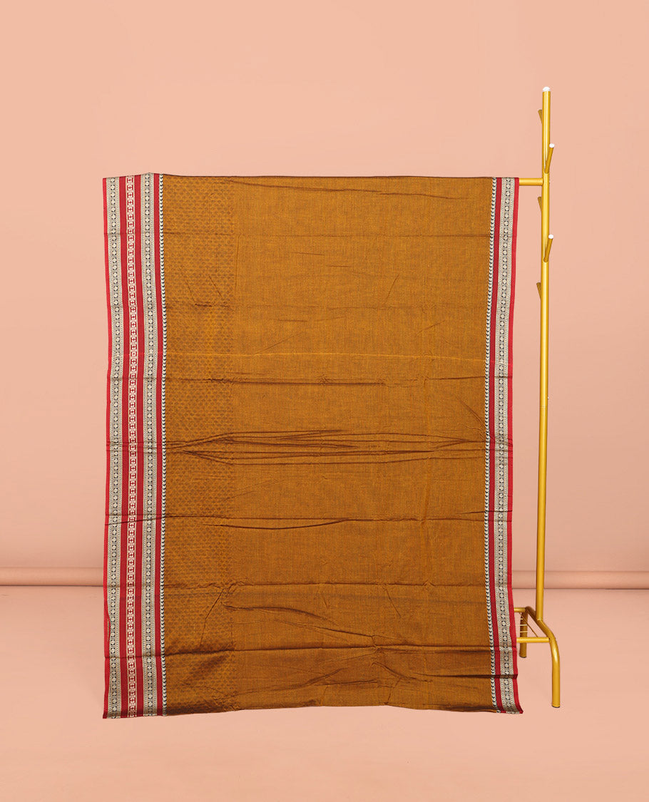 Mustard Embossed Narayanpet Cotton Saree, Complemented by a Contrast Traditional Zari Design Border, Striped Pallu, and Comes Without a Blouse