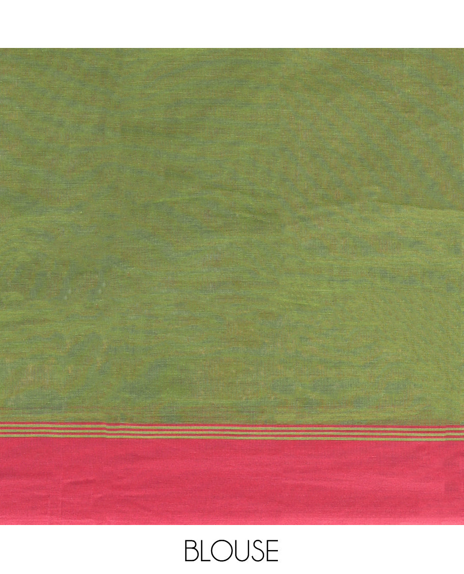Green Kanchi Cotton Saree, Woven with Buttas on Its Body, Complemented by a Contrast Border, Pallu of Intricate Design, and a Matching Blouse