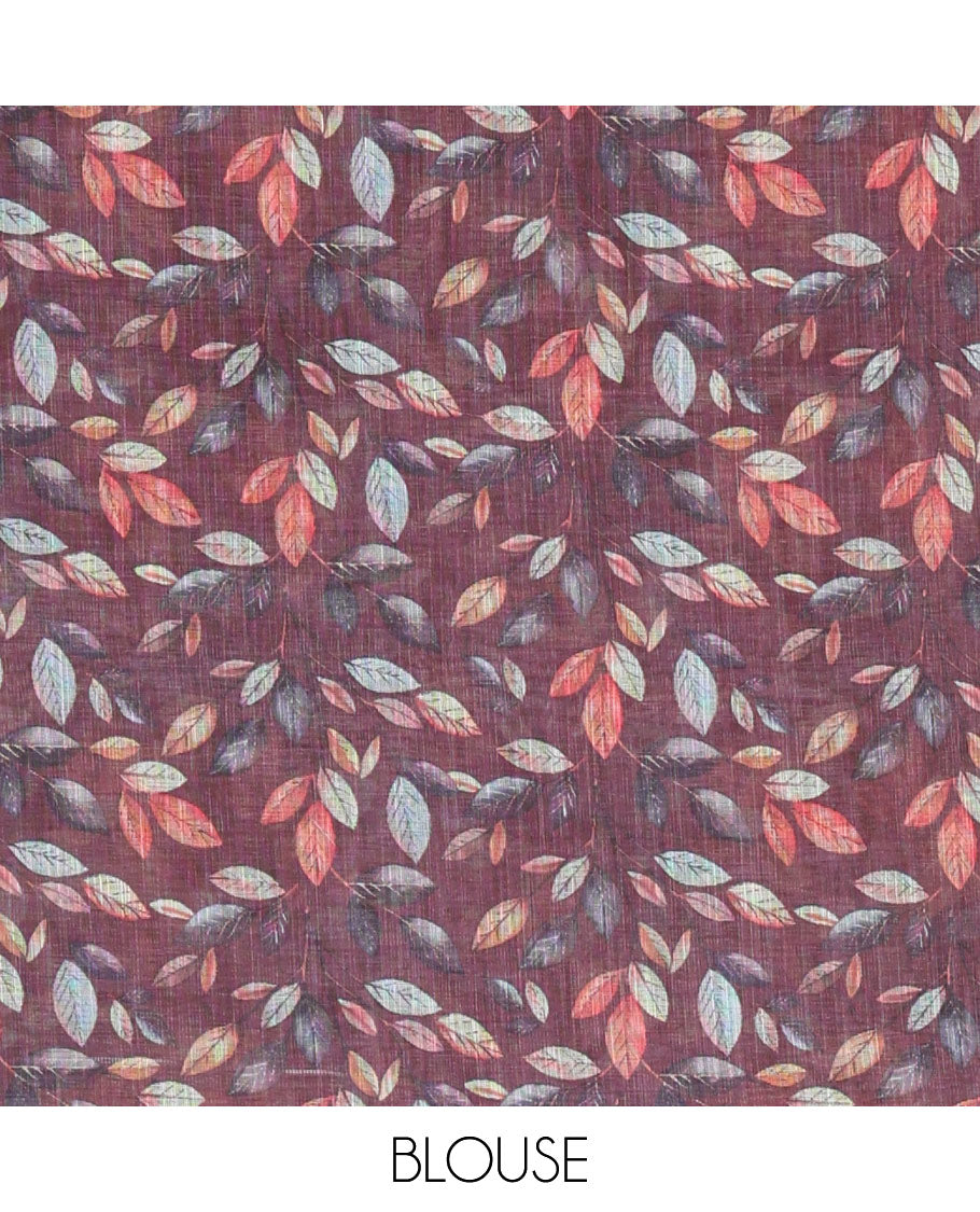 Wine plain linen cotton saree, mordern art style elephant motifs printed border, elephant printed pallu, and a leaf printed blouse