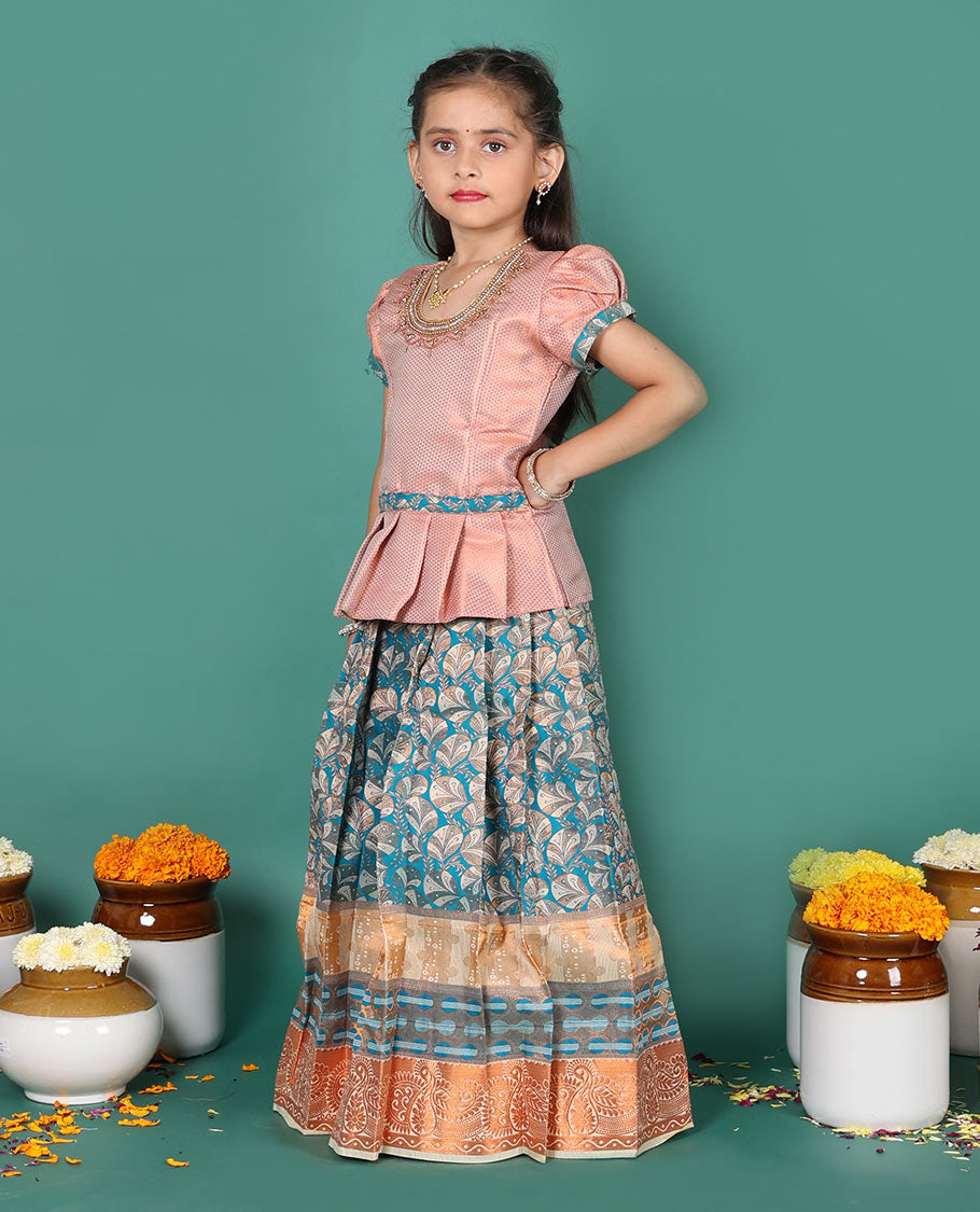 Grey art silk readymade pavadai set, floral jacquard with contrast traditional zari border skirt, contrast embroidered puff-sleeve blouse
