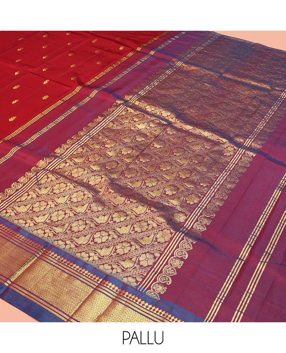 Red Kanchipuram Silk Saree, Decked Up with Zari Buttas, a Contrast One-Sided Border of Panner Sombu, Banaras, and Mayil Kann, Zari Design Pallu, and No Blouse
