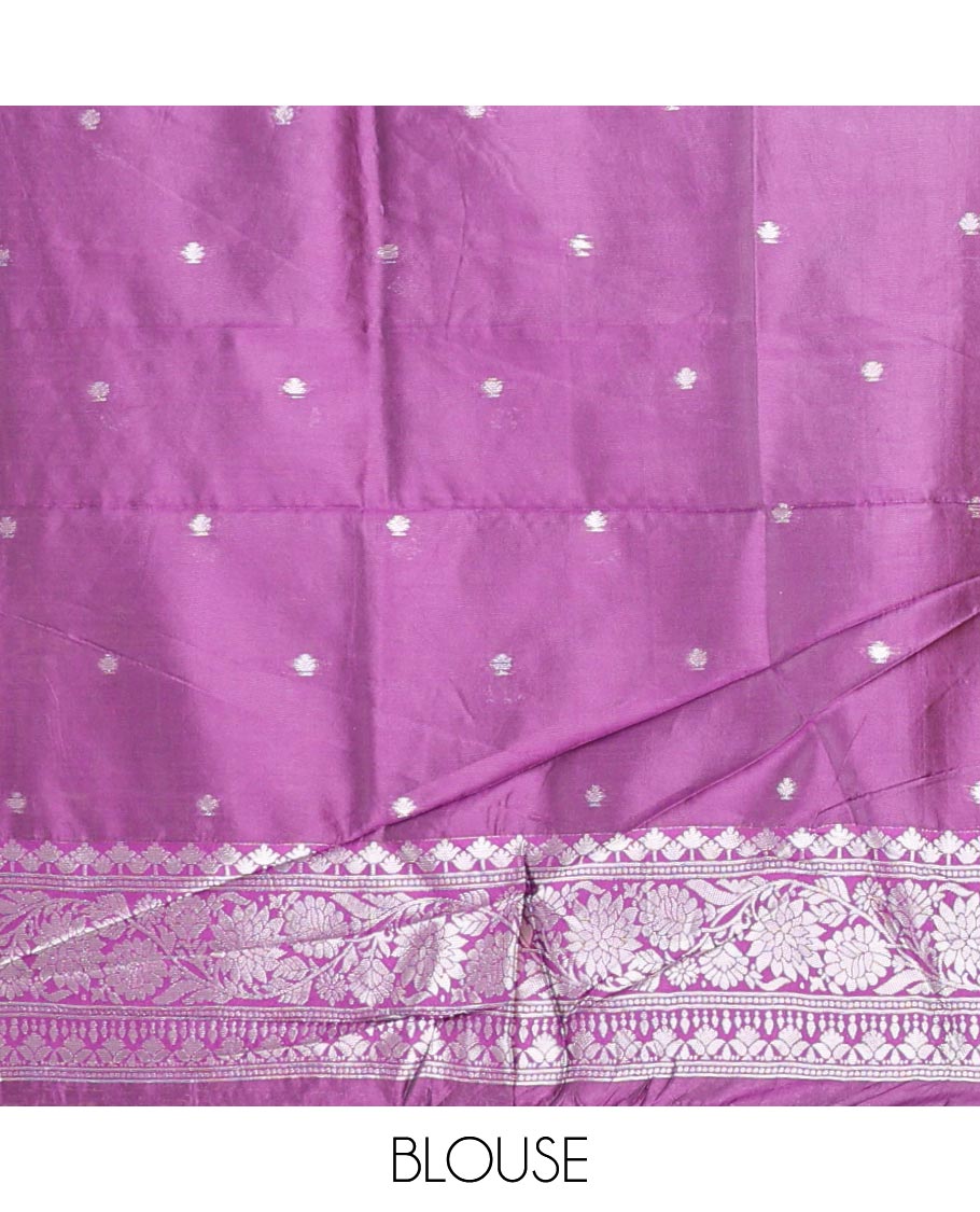 Purple silver zari tissue sailk saree with plain border & rich pallu along with butta design blouse