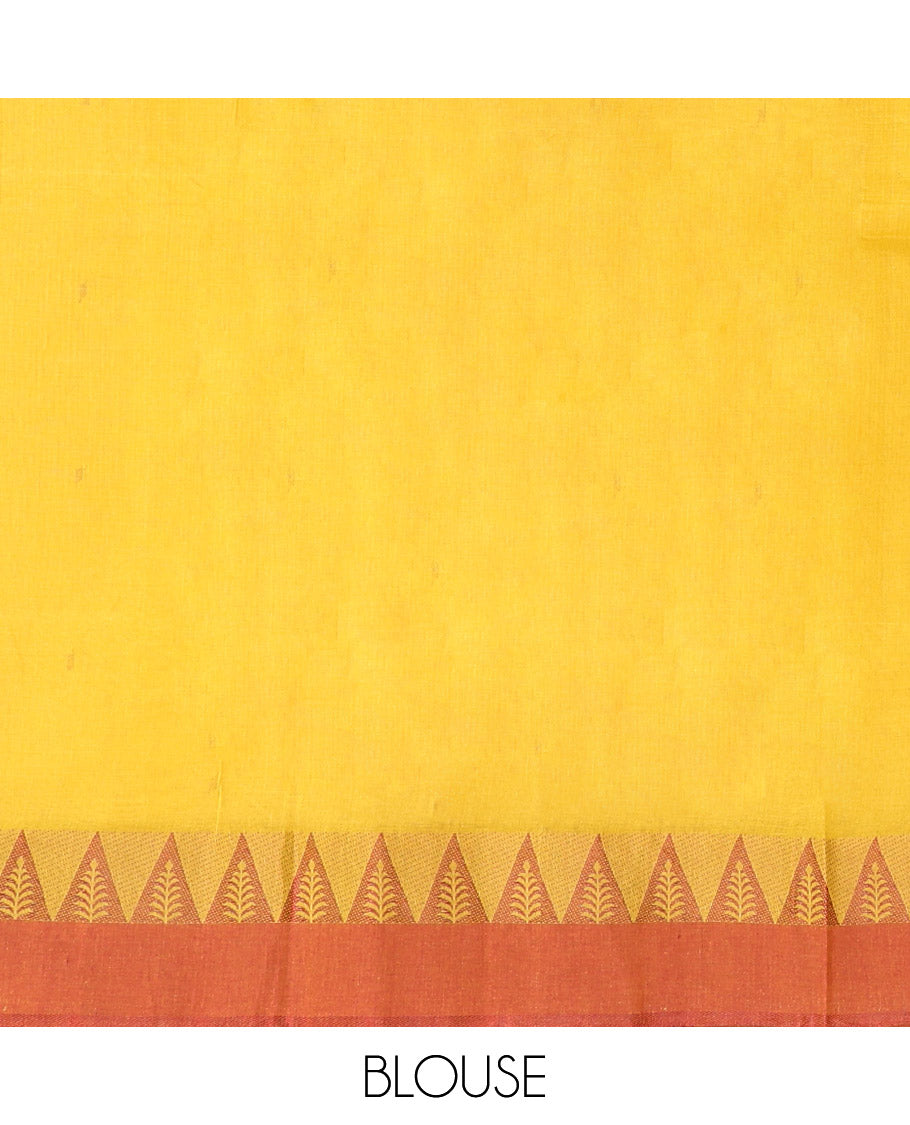 Yellow Bengal Cotton Saree, Adorned with Thread Buttas, Contrast Temple Border, Pallu of Stripes and Buttas, and Matching Blouse