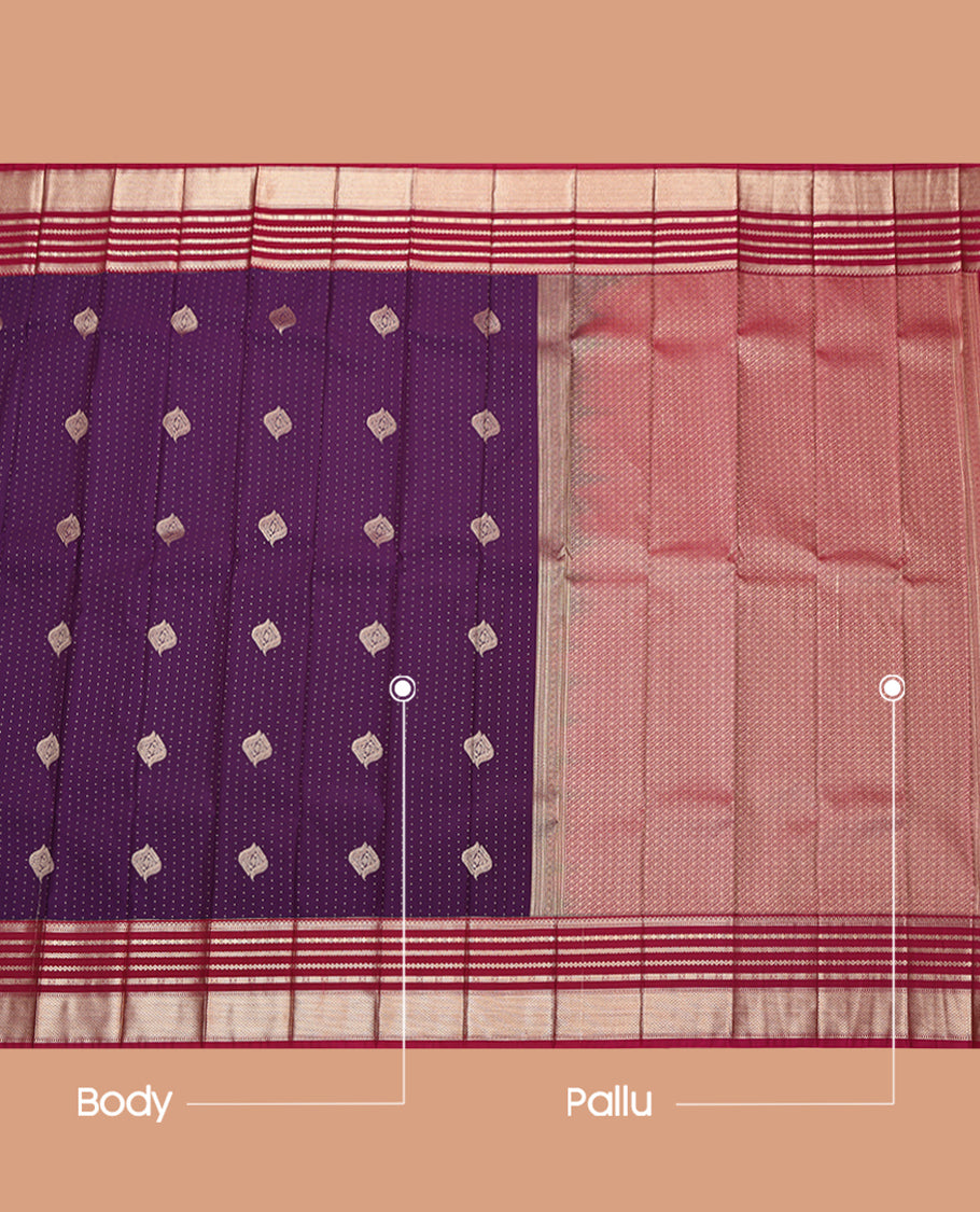 Purple Budget Silk Saree, Steeped with Zari Buttas, Complemented by a Contrast Traditional Border, Grand Pallu, and Contrast Blouse