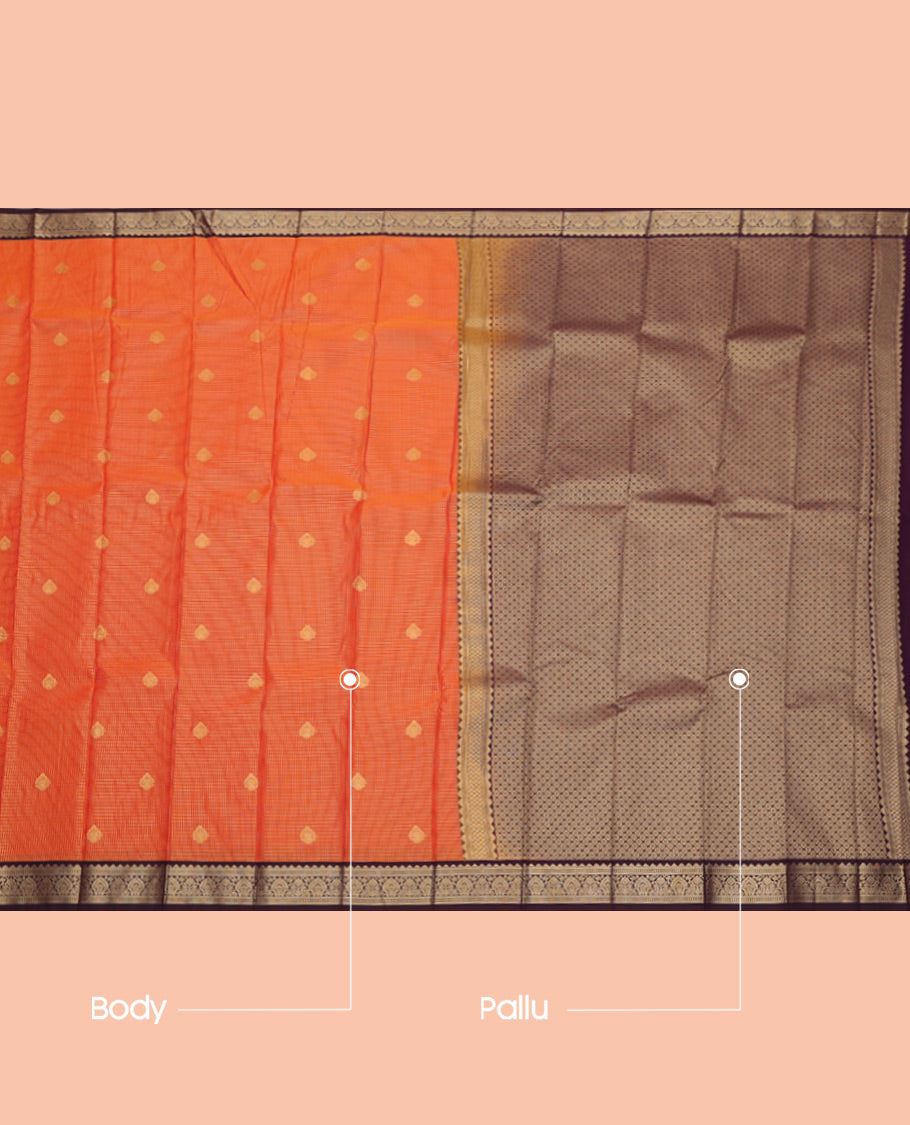 Orange Budget Silk Saree, Richly Detailed with Zari Buttas and Checks, Complemented by a Contrast Traditional Zari Border, Jaal Pallu, and Contrast Blouse