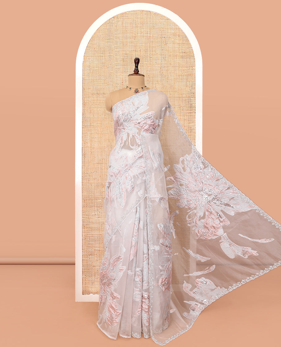 Silver Grey Turkey Organza Saree, Crafted with Floral-themed Rose Gold Threadwork, Swarovski Stonework Border, and Matching Blouse