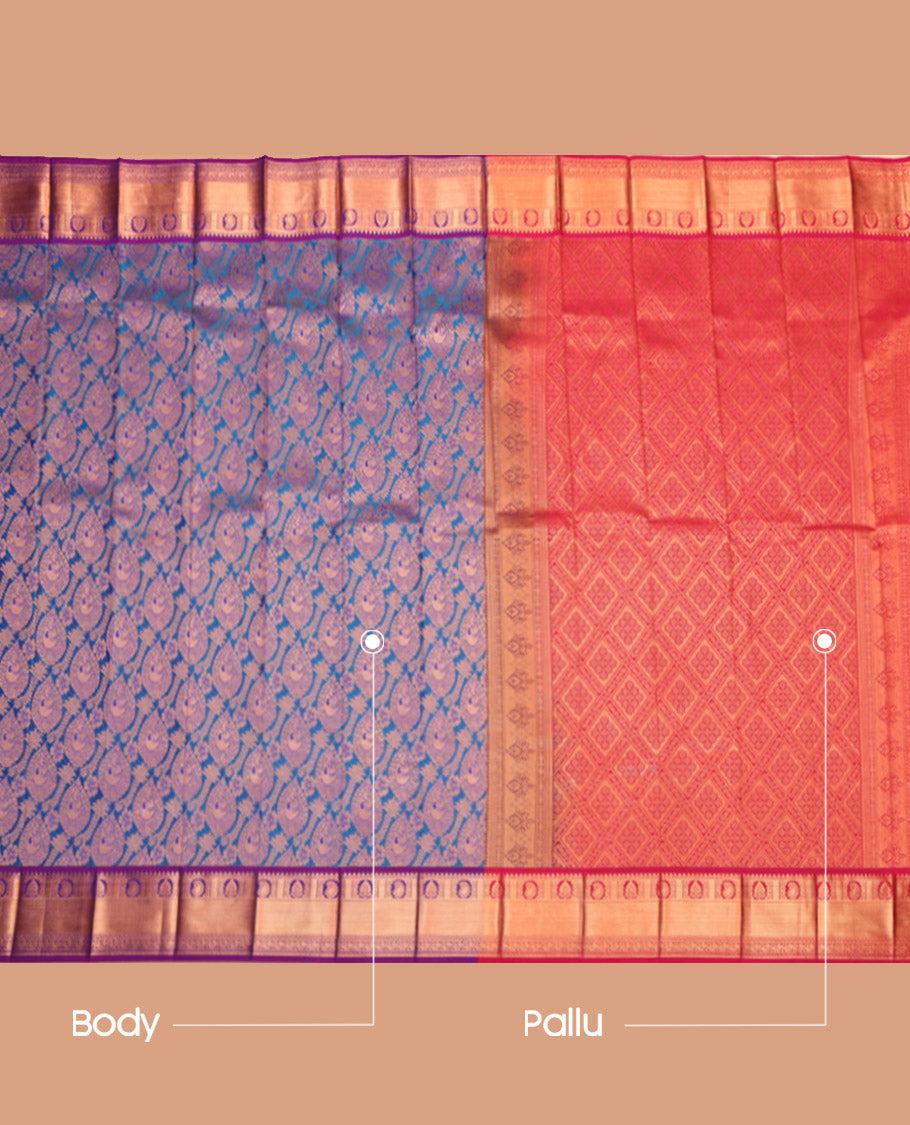 Blue Budget Silk Saree, Ornamented With Jacquard Design, Complemented by Contrast Traditional Zari Border, Grand Pallu and a Contrast Blouse
