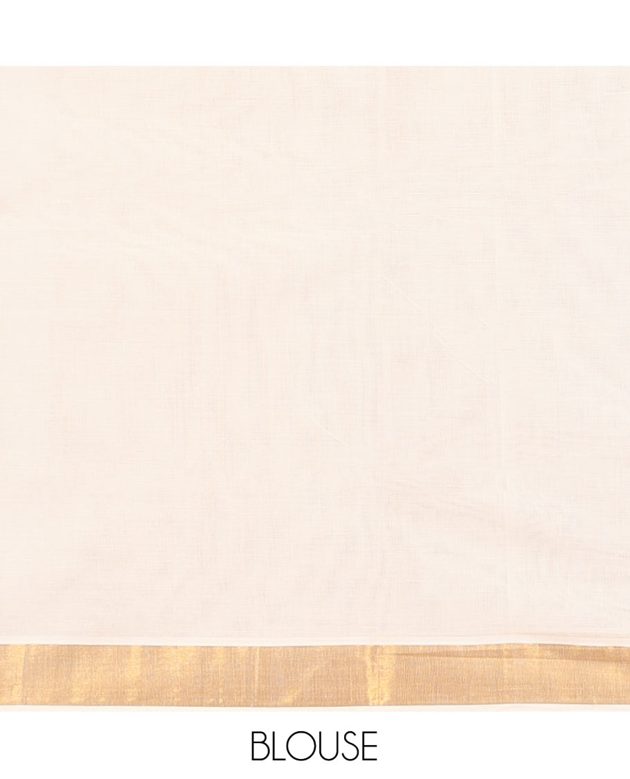 Cream Kerala Cotton Saree, Showcasing Zari Buttas All Over Its Body, a Zari Bavanji Border, Pallu of Peacock Designs, and Paired with a Matching Blouse