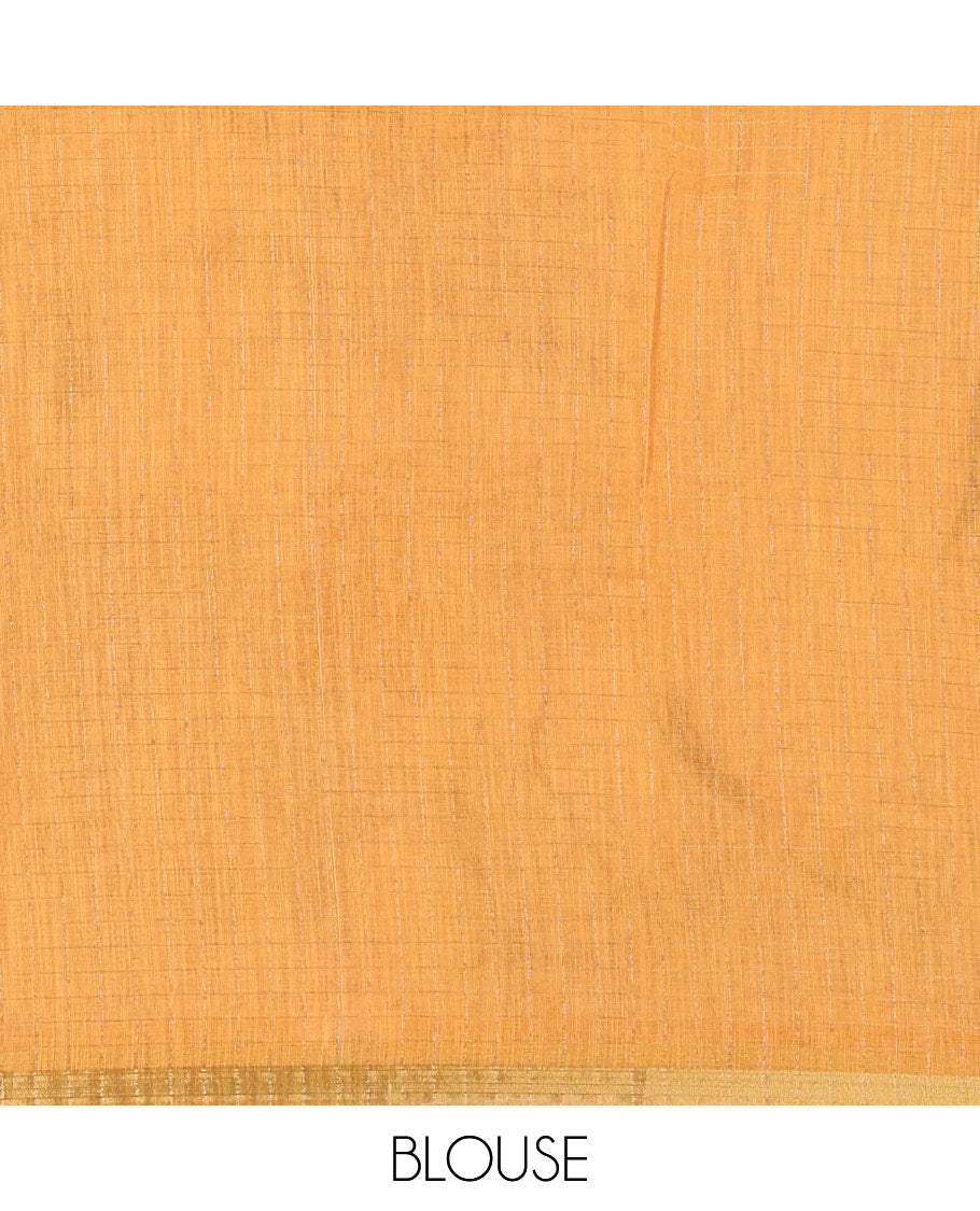 White with mustard zari checks linen saree with contrast border and unique designs of pallu along with contrast plain blouse