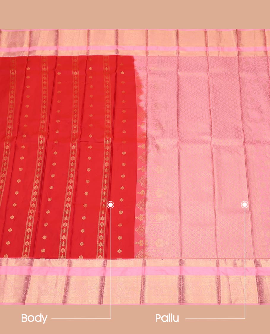 Red Budget Silk Saree, Crafted with Zari Buttas All Over Its Body, Complemented by a Contrast Traditional Zari Design Rettai Pettu Border, Intricately Designed Pallu, and Paired with a Contrast Blouse