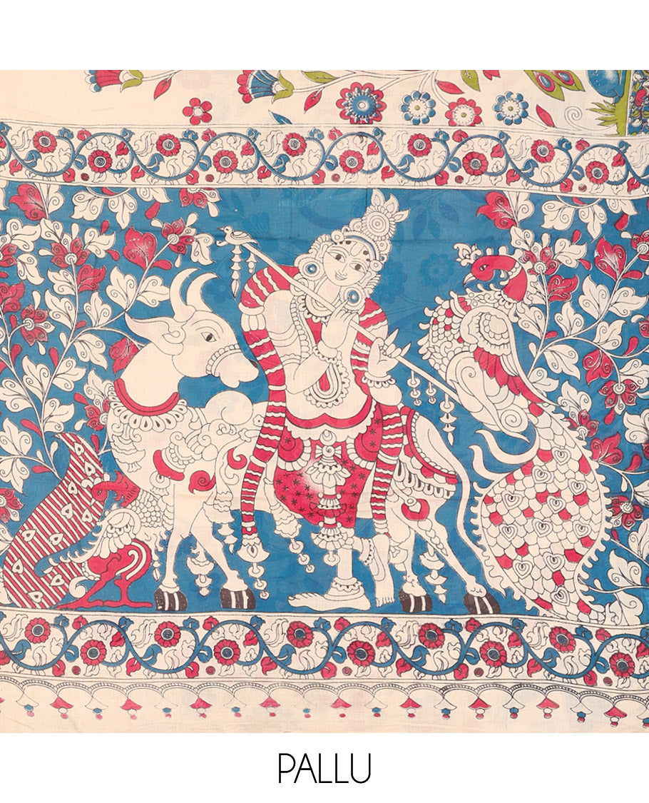 Borderless Sandal Kalamkari Cotton Saree, Elegantly Highlighted with Flora-Fauna Print, Contrast Pallu of Lord Krishna and Cow Motifs, and a Matching Blouse