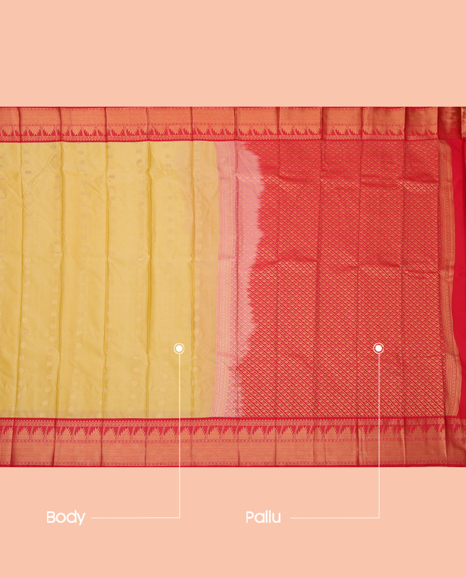 Yellow Budget Silk Saree, Sparsely Sparkled with Zari Buttas, a Contrast Traditional Zari Border, Grand Pallu, and a Contrast Blouse