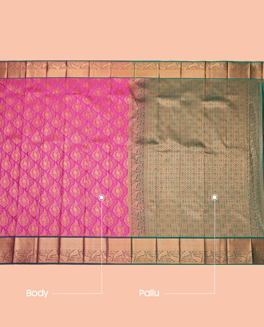 Pink Budget Silk Saree, Artfully Detailed with Jacquard Design, Complemented by a Contrast Traditional Zari Border, Grand Pallu, and Contrast Blouse