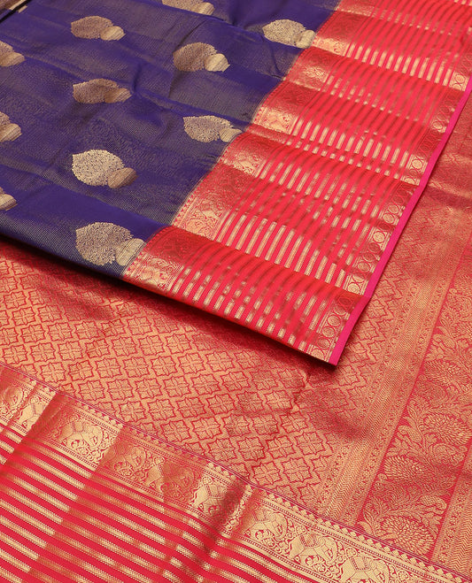 Blue zari buttas vasundhara silk mix saree, contrast jaal pallu & border of muthu, banaras, kathir & yaanai designs