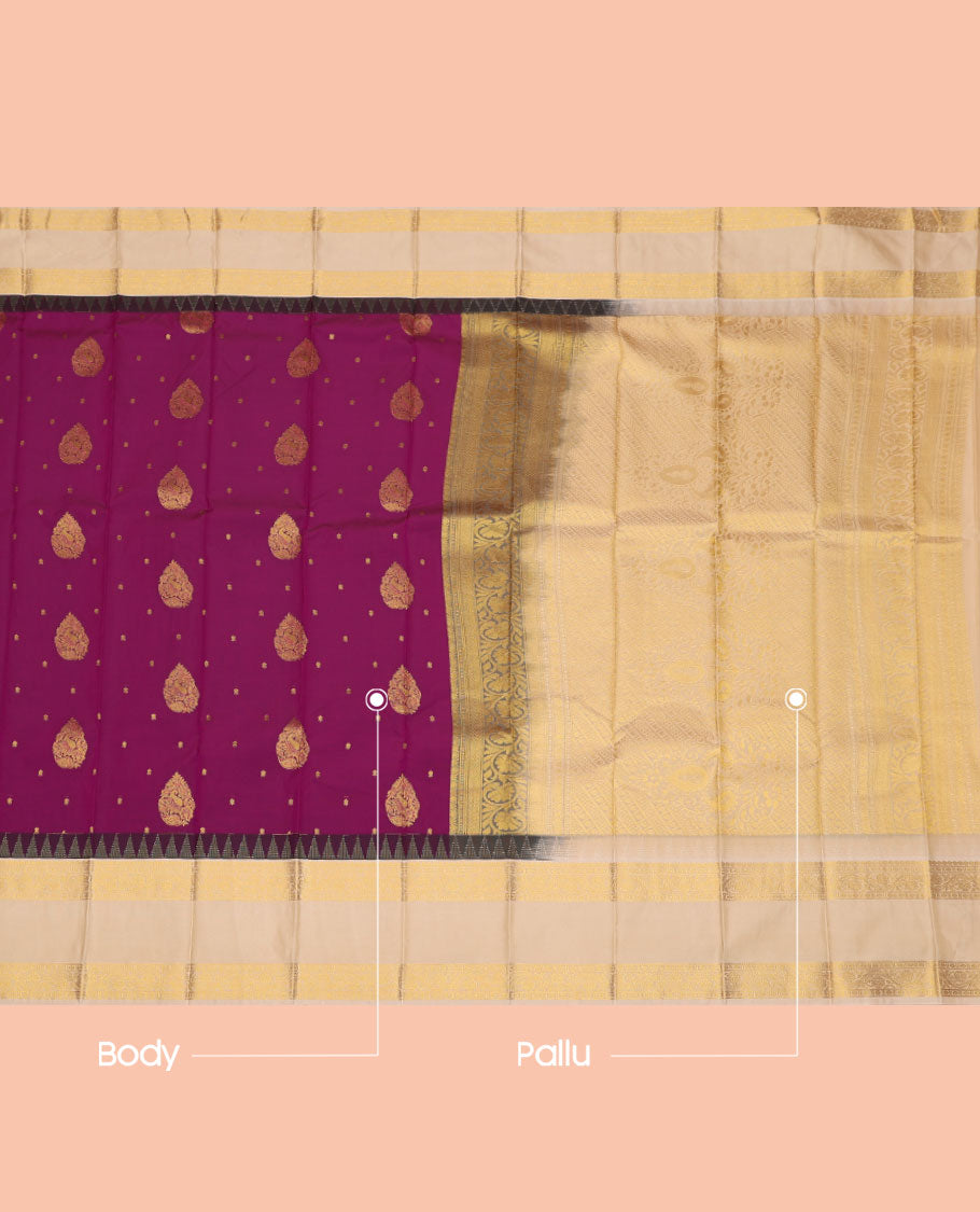 Purple Budget Silk Saree, Accentuated with Zari Buttas, Complemented by a Contrast Traditional Rettai Pettu Temple Border, Grand Pallu, and a Contrast Blouse