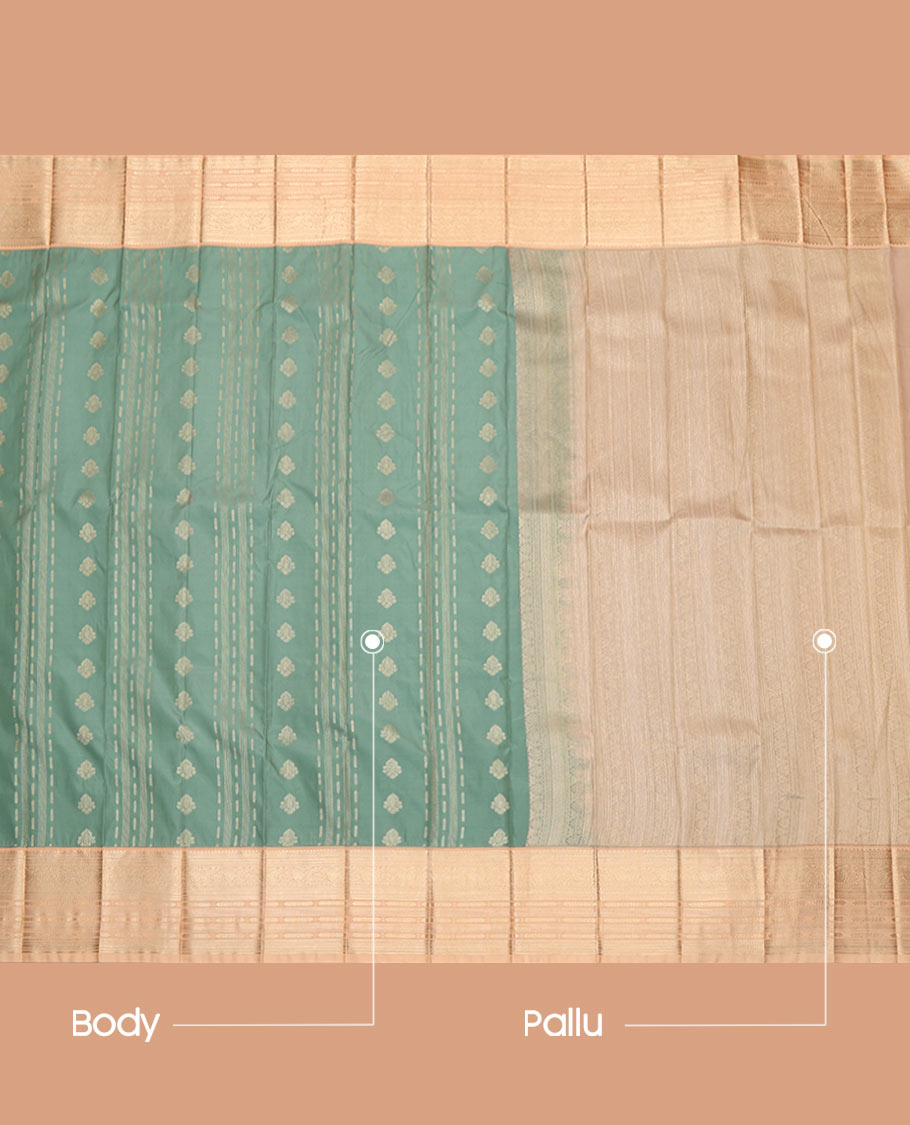 Green Budget Silk Saree, Woven with Zari Buttas All Over Its Body, Complemented by a Contrast Traditional Zari Border, Intricately Designed Pallu, and Paired with a Contrast Blouse