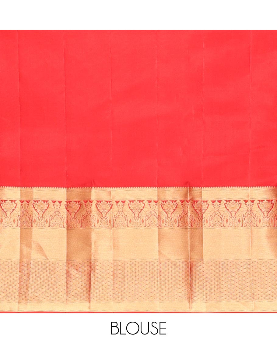 Red Kanchipuram Wedding Silk Saree, Opulently Embellished with Jacquard Design, a Zari Border of Rekku, Muthu, Kili and Jaal Designs, Grand Pallu, and a Matching Blouse