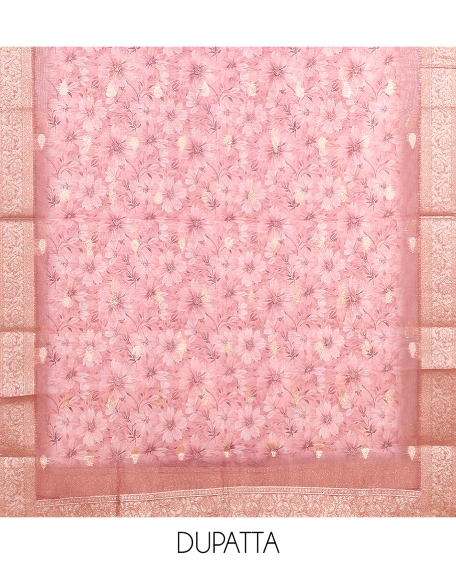 Cream-Pink Banarasi Tissue Chanderi Material Chudidar, Buttas Top, Contrast Bottom, Floral Print Dupatta