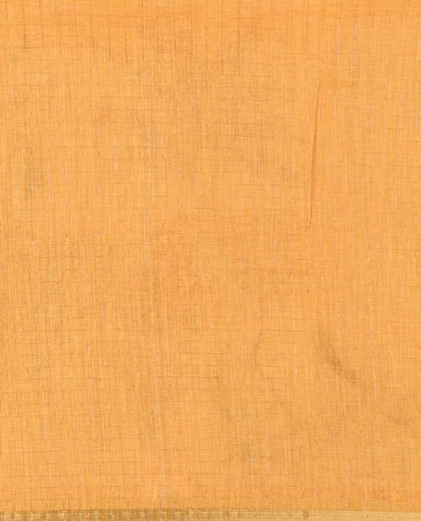 White with mustard zari checks linen saree with contrast border and unique designs of pallu along with contrast plain blouse