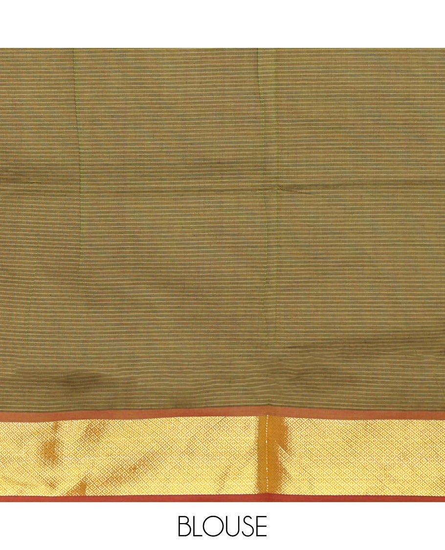 Purple Poly Cotton Saree, Sparsely Sparkled with Stripes On Its Body, Complemented by a Contrast Zari Border, Contrast Striped Pallu, and Paired with a Contrast Blouse