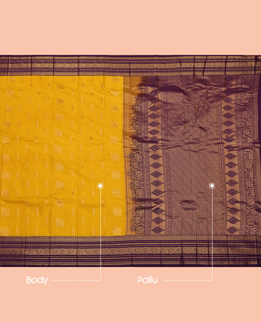 Yellow Budget Silk Saree, Sparsely Woven with Zari Buttas All Over Its Body, Complemented by a Contrast Traditional Zari Design Border, Grand Diagonally Striped Pallu, and Paired with a Contrast Blouse