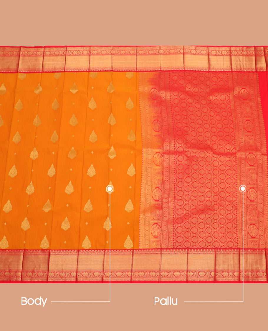 Orange Budget Silk Saree, Gleamed Up with Zari Buttas, Complemented by a Contrast Traditional Zari Border, Grand Pallu, and Contrast Blouse