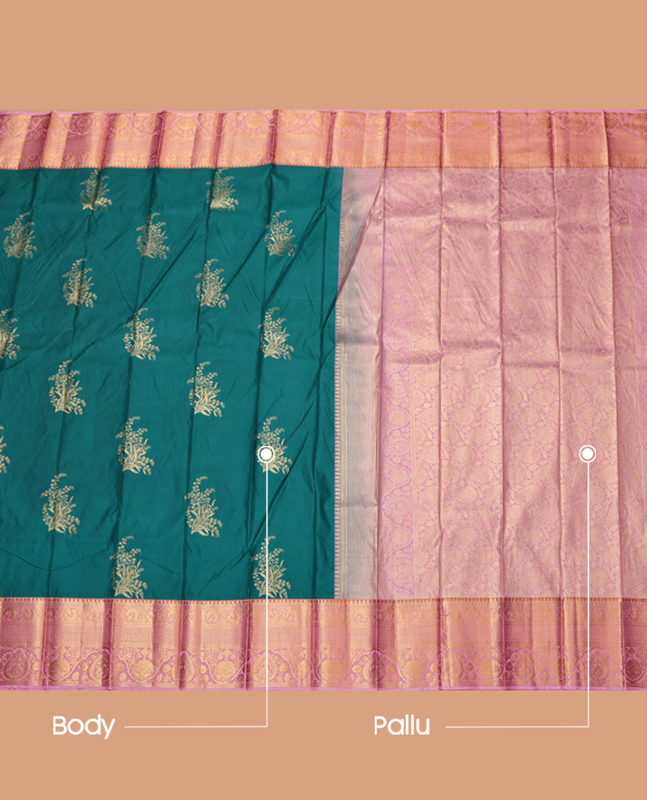 Green Budget Silk Saree, Elevated with Zari Buttas, Complemented by Contrast Traditional Zari Border, Grand Pallu and a Contrast Blouse