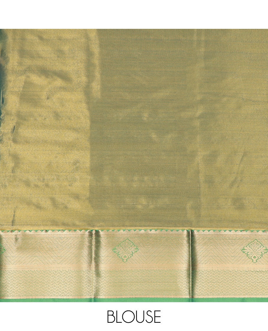 Beige art silk pavadai material set, floral jacquard pavadai, contrast blouse & traditional zari border
