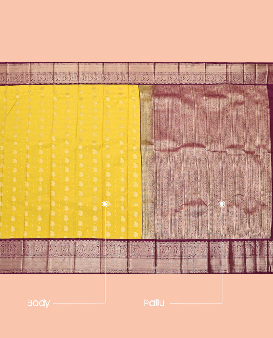 Yellow Budget Silk Saree, Sparsely Threaded with Zari Buttas, Complemented by a Contrast Traditional Zari Border, Grand Pallu, and a Contrast Blouse