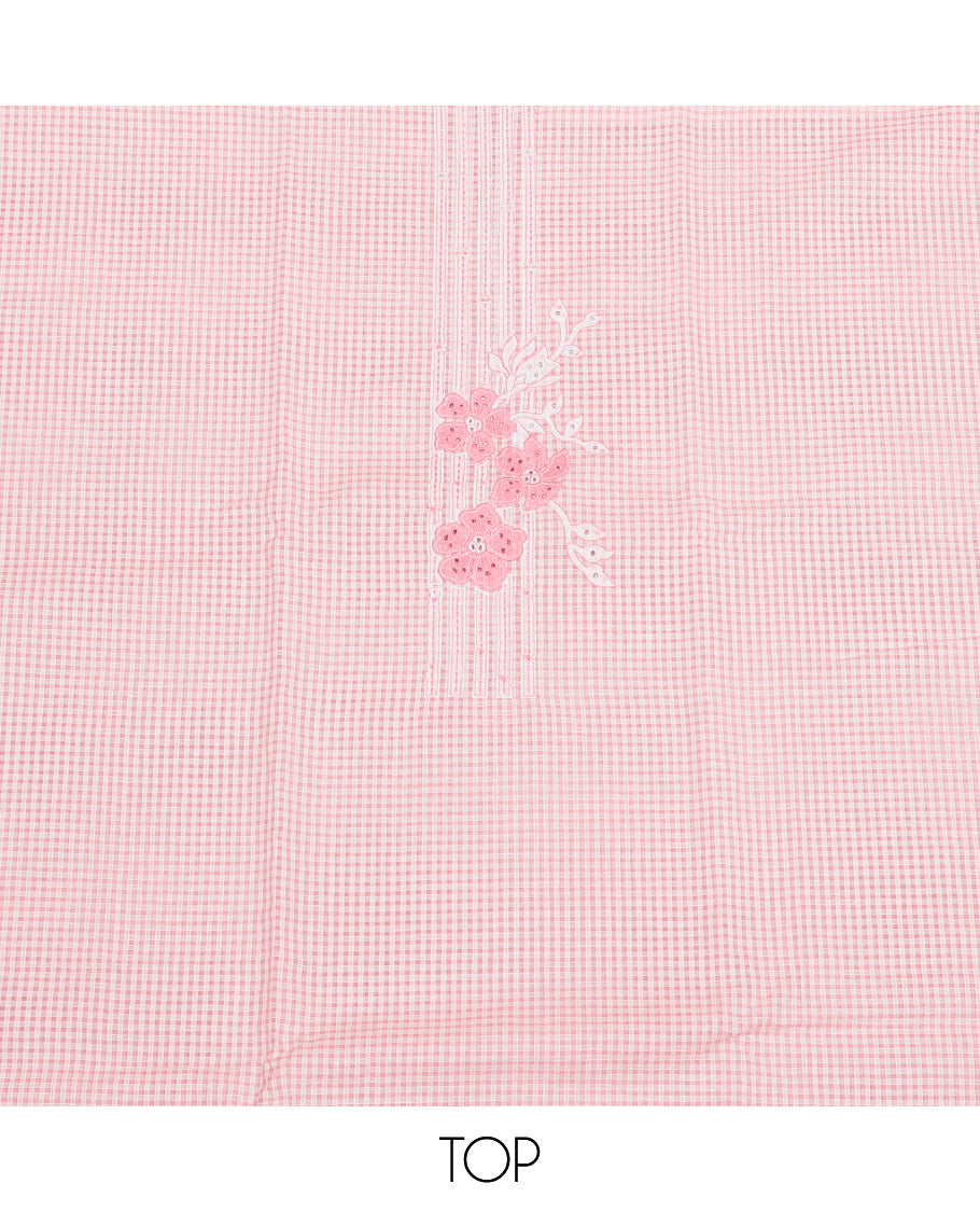 Pink Cotton Material Churidar Set, Beautified with Checked and Floral Embroidery Top, Plain Bottom, and Floral Printed Dupatta