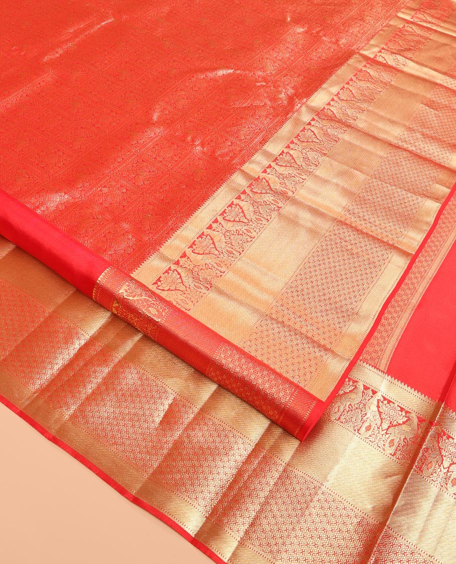 Red Kanchipuram Wedding Silk Saree, Opulently Embellished with Jacquard Design, a Zari Border of Rekku, Muthu, Kili and Jaal Designs, Grand Pallu, and a Matching Blouse