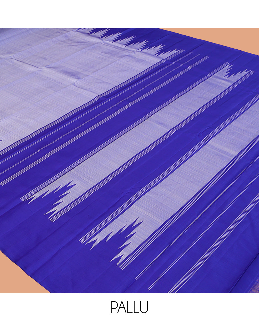 Blue Plain Kanchipuram Silk Saree, Complemented by a Contrast Thazampoo Rekku Border, Thazampoo Rekku Pallu, and Contrast Blouse
