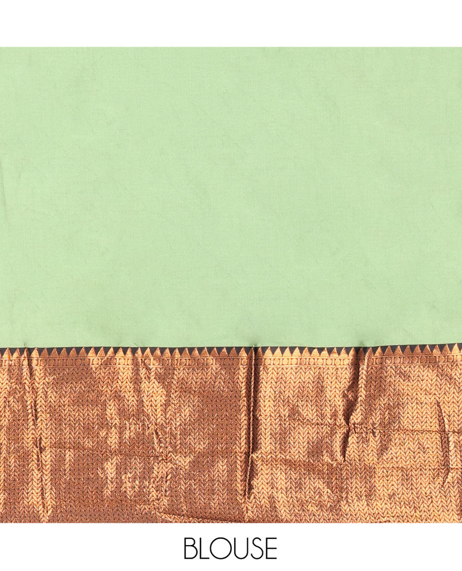 Pista Green Taffeta Silk Half-Saree Featuring a Plain Skirt, Elevated with a Contrast Traditional Zari Design Border, Paired with a Matching Blouse, and a Georgette Scallop-Bordered Stone Work Dhavani