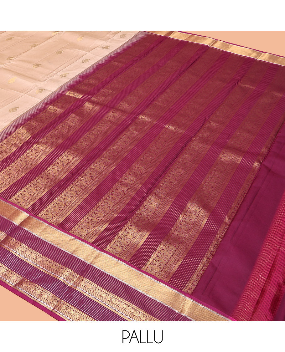 Sandal Vasundhara Lite Silk Mix Saree, Sparsely Woven with Zari Buttas, Complemented by a Contrast Border of Mayil Kann and Mayil Designs, Traditional Zari Pallu, and a Contrast Blouse