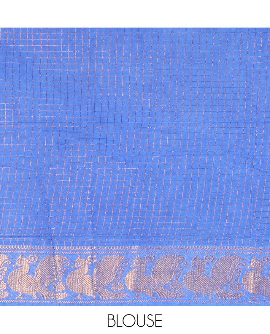Navy Blue-Blue Sungudi Cotton Half-Saree Set Features Zari-Checks Skirt, Contrast Peacock Zari Border, Contrast Blouse, and Contrast Syska Georgette Dupatta