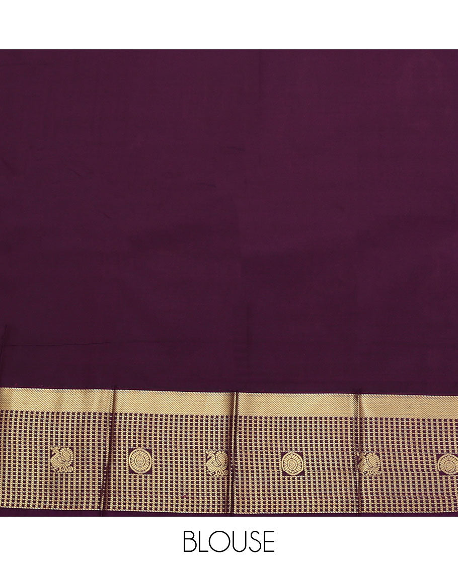 Orange Budget Silk Saree, Enriched with Zari Buttas All Over Its Body, Complemented by a Contrast Zari Checked Border of Peacock-Chakram Designs, Grandly Designed Pallu, and Paired with a Contrast Blouse