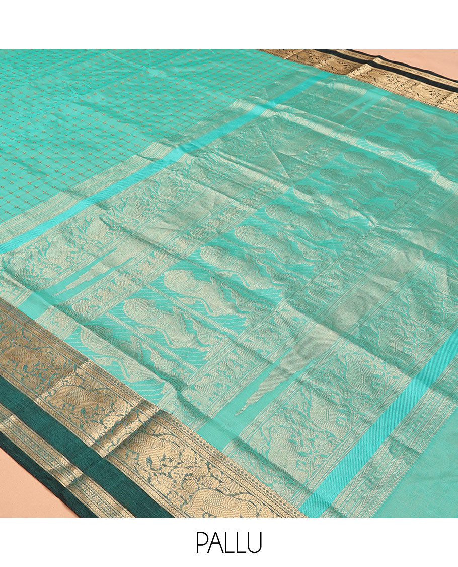 Blue Plus-Shaped Buttas Kuppadam Silk Saree, a Contrast Traditional Double-Pet Border, a Matching Blouse