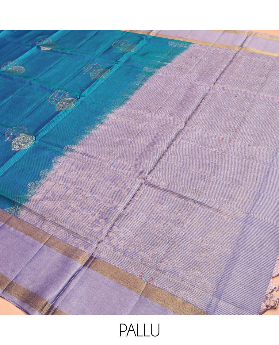 Blue Mayuri Lite Silk Mix Saree, Majestically Detailed with Buttas and Stripes, Complemented by Contrast Unique Design Border, Sparsely Woven Pallu, and Contrast Blouse