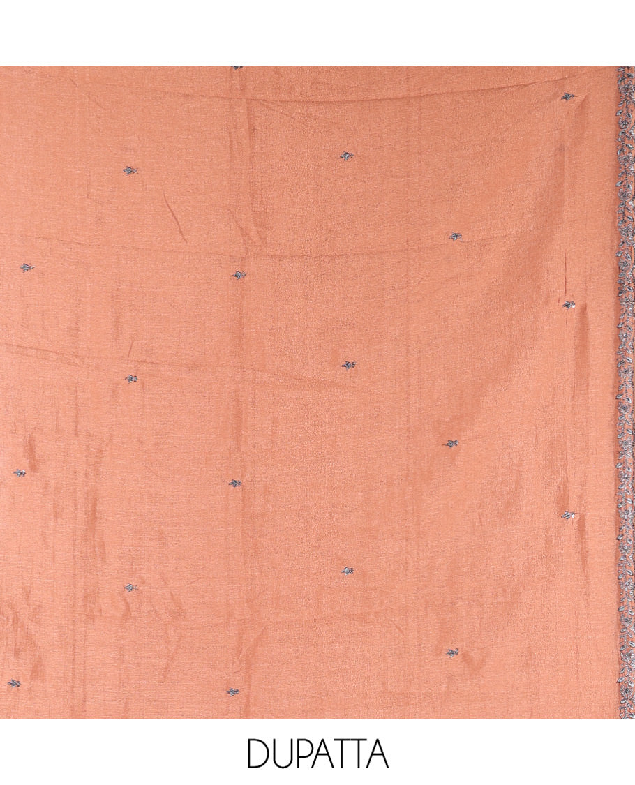 Onion Pink Vichitra Silk Material Chudidar Set, Adorned with Embroidered Top, a Plain Santoon Bottom, and Paired with a Matching Vichitra Silk Embroidered Scallop Dupatta