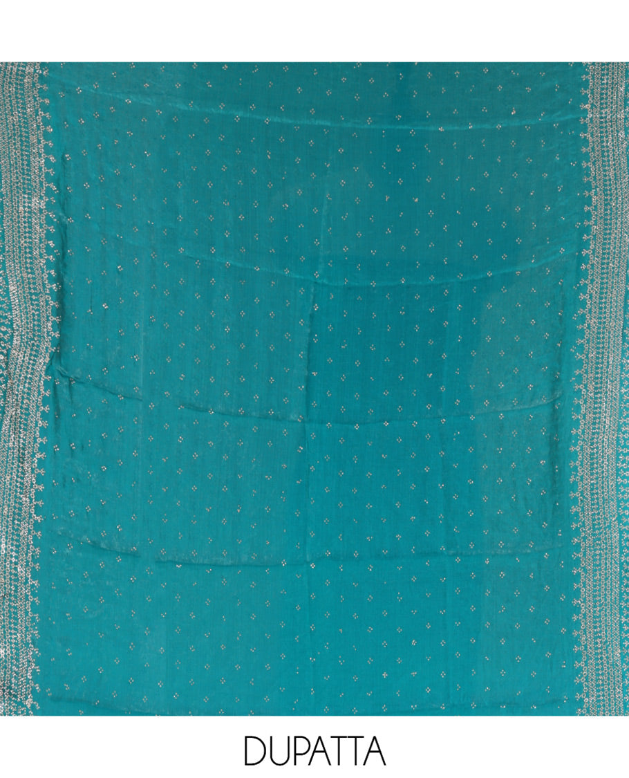 Rama Green Fendi Organza Material Chudidar Fetaures Pom-Pom-Neckline Top, Plain Bottom, and Scallop Embroidered Dupatta