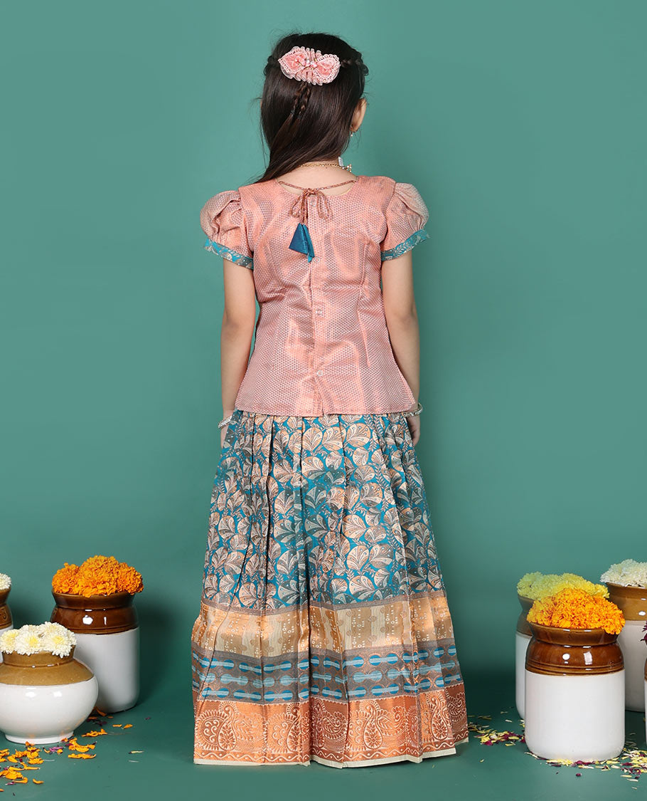 Grey art silk readymade pavadai set, floral jacquard with contrast traditional zari border skirt, contrast embroidered puff-sleeve blouse