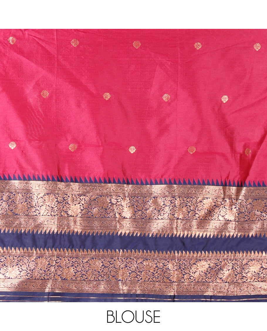 Pink-Blue Semi-Banarasi Half-Saree Subtly Sparkled with Zari Buttas on Its Skirt, Complemented by a Contrast Traditional Zari Temple Rettai Pettu Border, Paired with a Matching Blouse, and a Satin Georgette Embroidered Scallop Dhavani