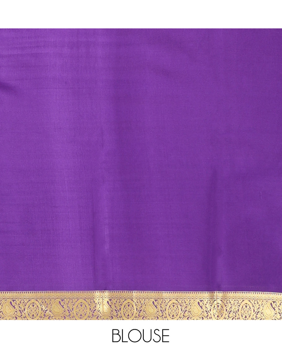 Pink Plain Mysore Silk Saree, Complemented by a Contrast Traditional Zari Border, Intricate Pallu, and a Contrast Blouse