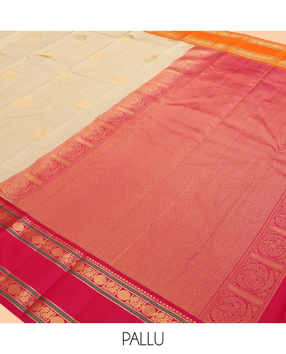 Sandal Vasundhara Lite Silk Mix Saree, Subtly Sparkled with Zari Buttas, a Contrast Ganga-Jamuna Rettai Pettu Border of Salngai, Neli, Mayil and Poun Designs, Grand Pallu, and a Contrast Blouse